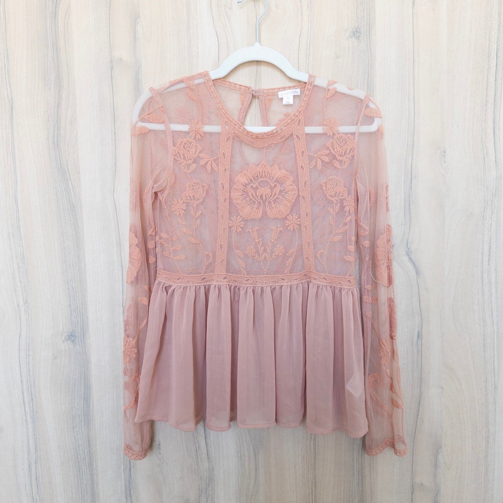 Womens Lace Sheer Top XS Pink Mesh Floral Embroidered Long Sleeve Fairy Coquette